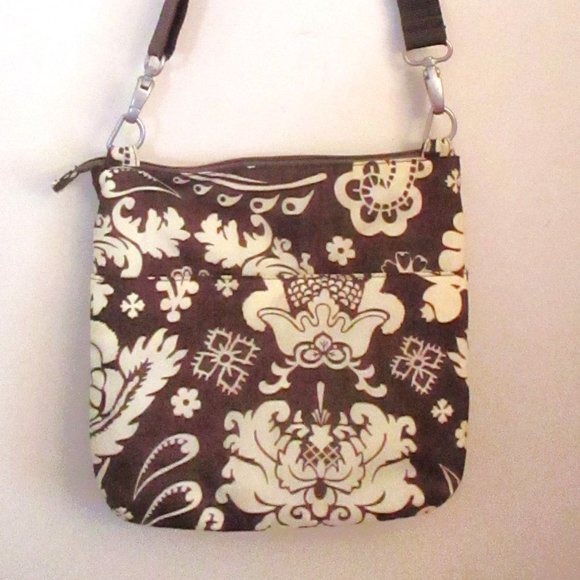 Baggallini Crossbody Bag Travel Organizer Purse Triple Zip, Brown Cream Print - Picture 9 of 16